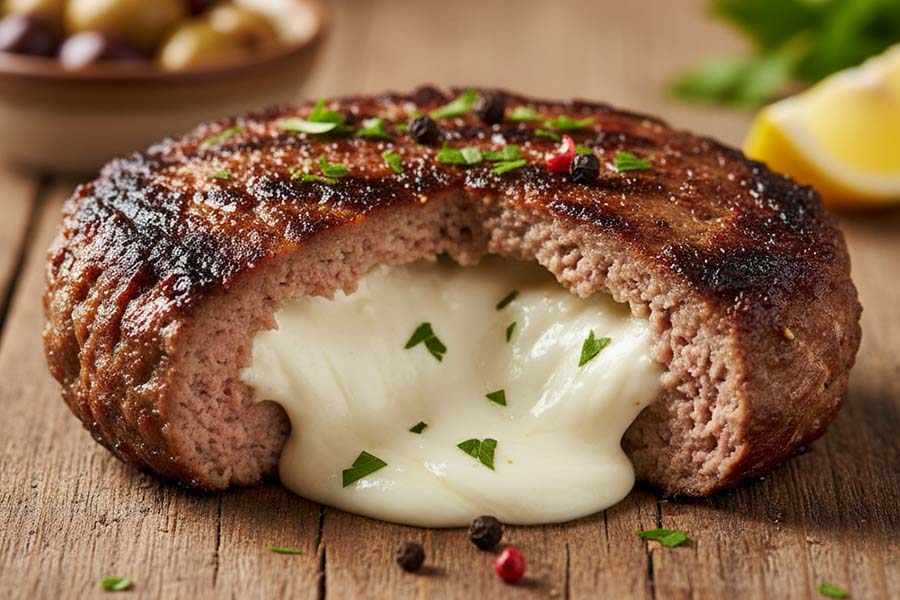 Bifteki stuffed with feta cheese, sliced to show the filling