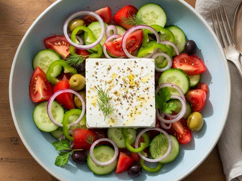 Greek salad with feta and olives, overhead