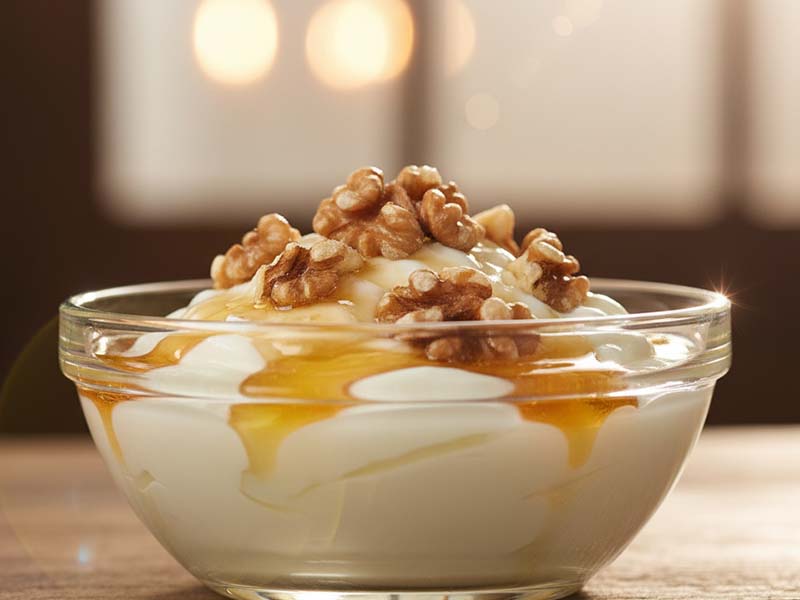Greek yogurt with honey and walnuts, close-up